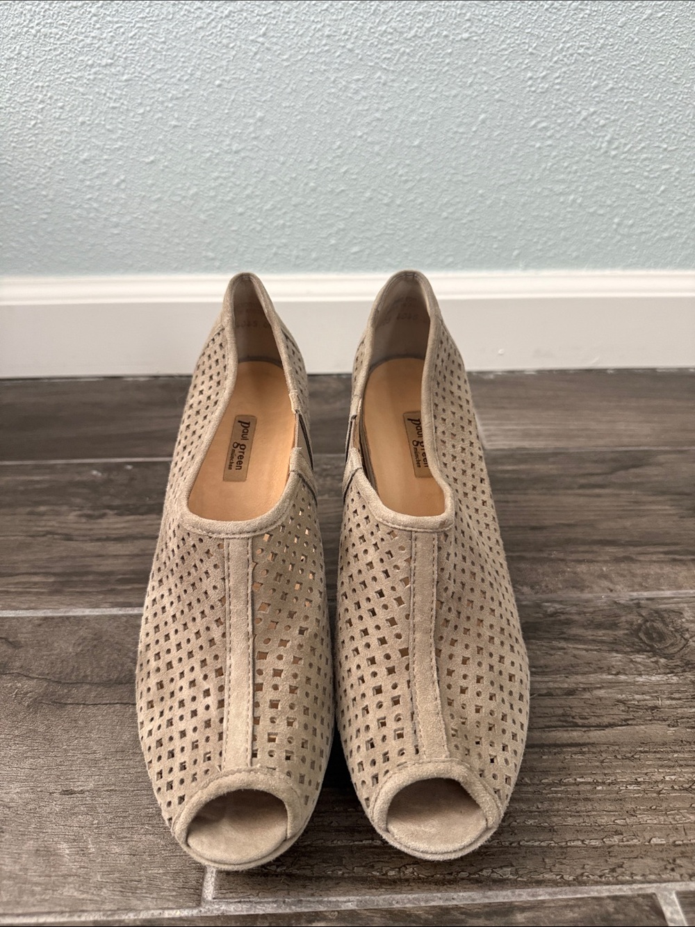 Paul Green Taupe Suede Perforated Peep-Toe Booties